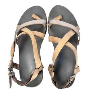 Olukai Sandals Women's 9 Brown Gold Leather Strappy Gladiator Flats‎ Criss Cross